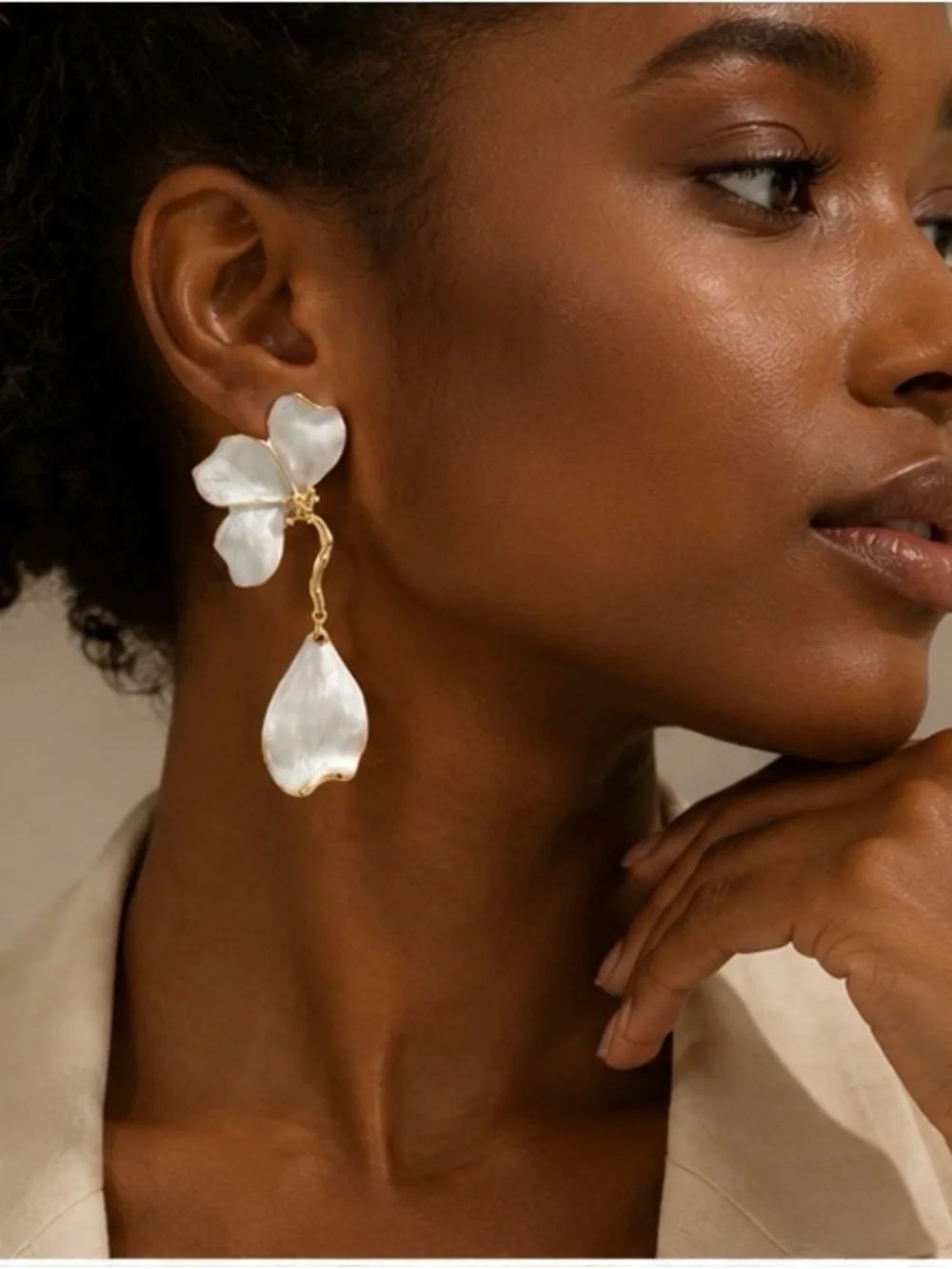 Gold & White Floral Drop Earrings - Elegant Pearlized Petal Design NWOT